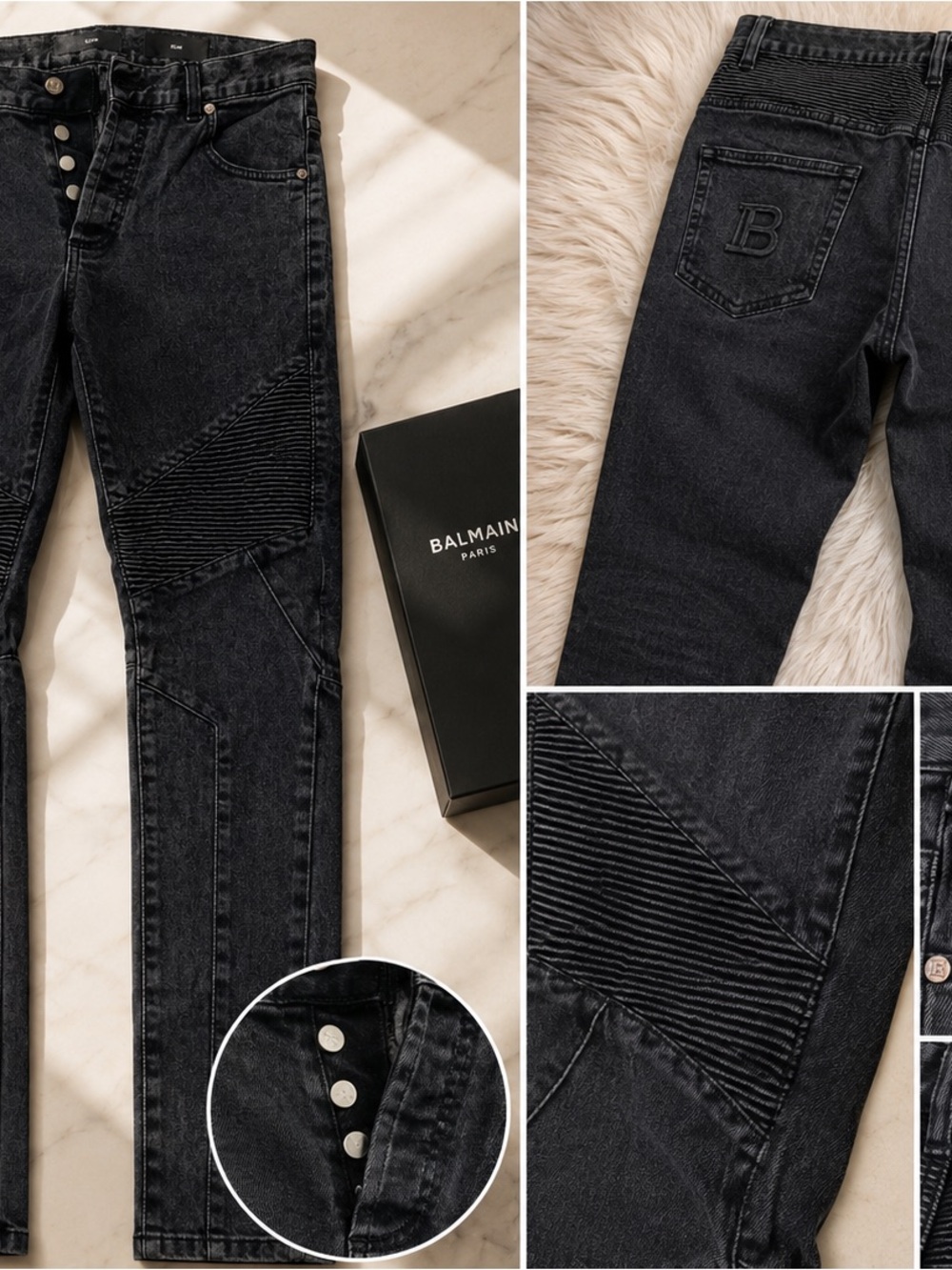 Balmain Men's Slim Black Moto-Style Jeans